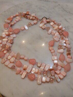 Vintage Hand Made Three Strand Shell and Quartz Necklace
